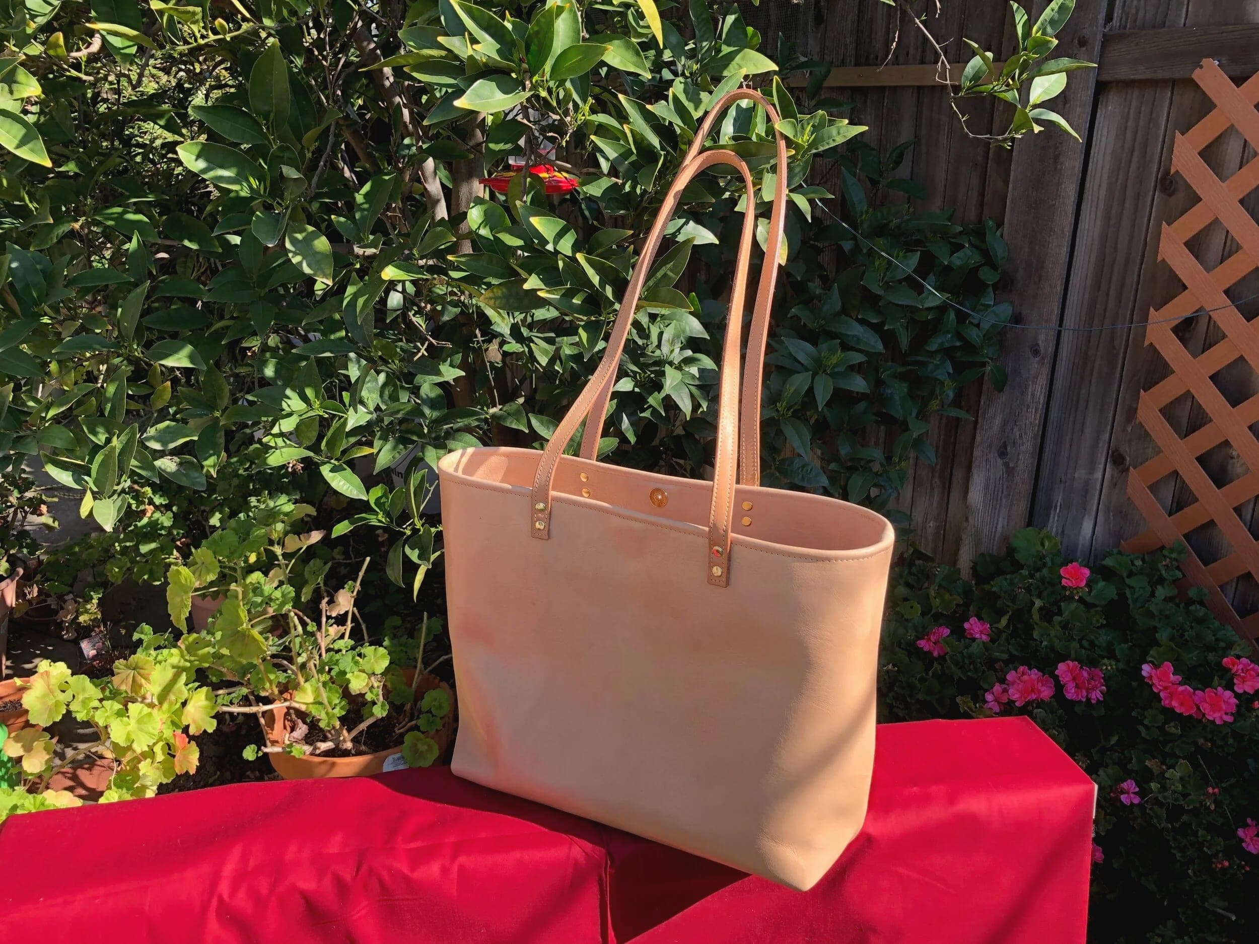 Natural tan leather tote standing on a red cloth in front of dense green foliage